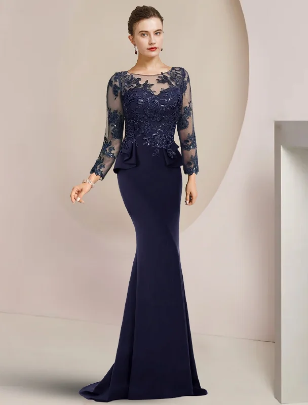 Women's Chic Outerwear Outfit Mermaid / Trumpet Mother of the Bride Dress Formal Wedding Guest Party Elegant Scoop Neck Sweep / Brush Train Chiffon Sequined Long Sleeve with Sequin Ruffles Appliques