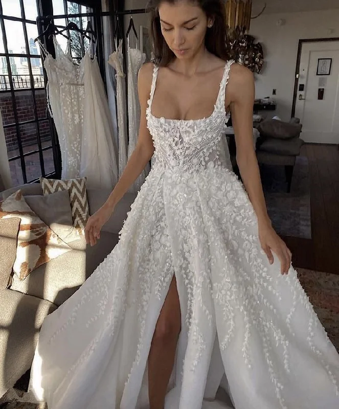 Women's Activewear Attire A Line Straps Long Wedding Dress with Lace Appliques, Gorgeous Bridal Gown with Slit       S6738