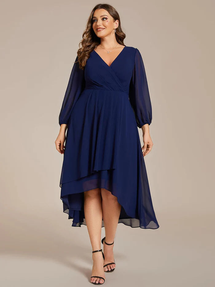 Women's Functional Apparel For Outdoor Activities Plus Size Long Sleeve V-Neck Chiffon High Low Wedding Guest Dress