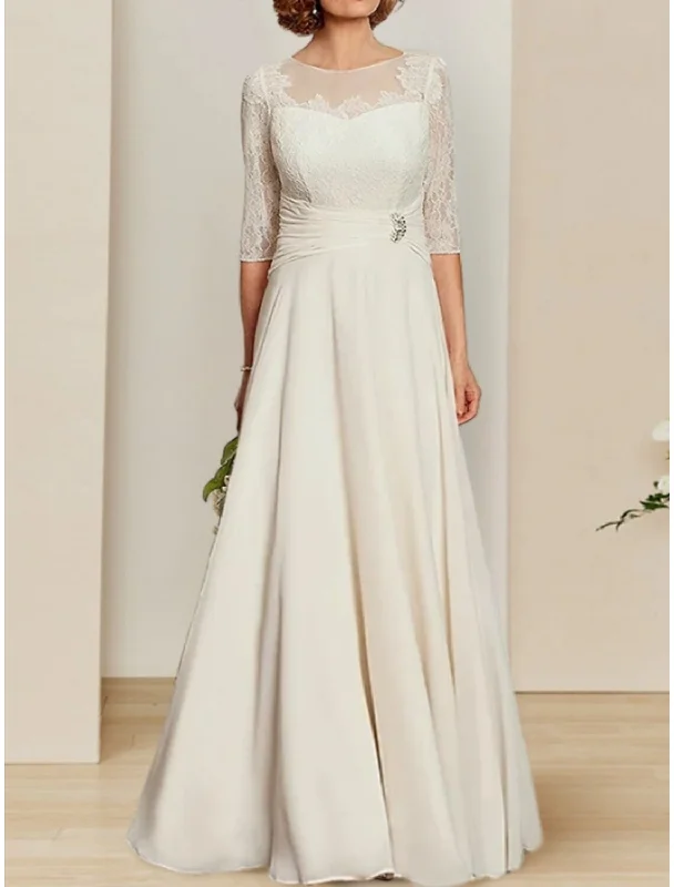 Vintage-Inspired Garments Sheath / Column Mother of the Bride Dress Wedding Guest Vintage Elegant Scoop Neck Floor Length Chiffon Lace Half Sleeve with Pleats Crystal Brooch