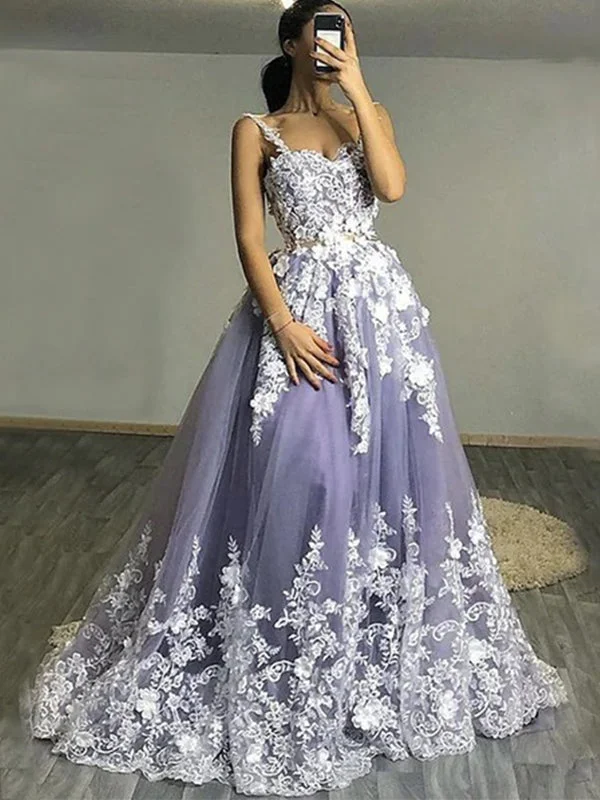 Comfortable Women's Attire Lavender Spaghetti Strap Floral Lace A-line Long Prom Dress, PD3190