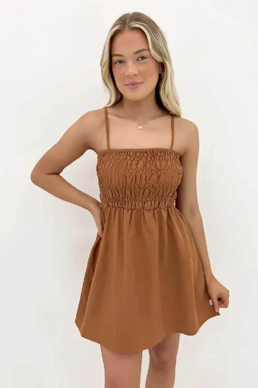 Affordable Women's Outfit Classic Shirred Mini Dress Caramel