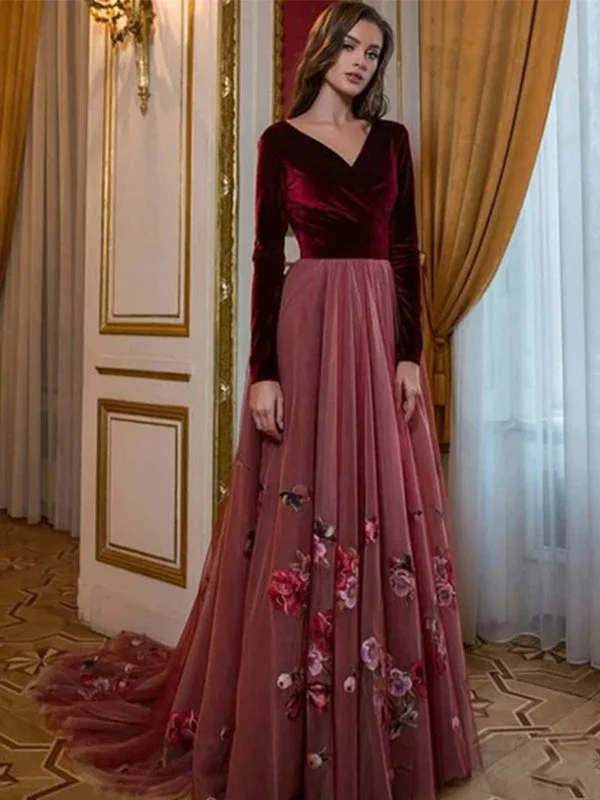 Women's Elegant Garments Burgundy Velvet Top V-neck A-line Floral Train Long Prom Dress, PD3210