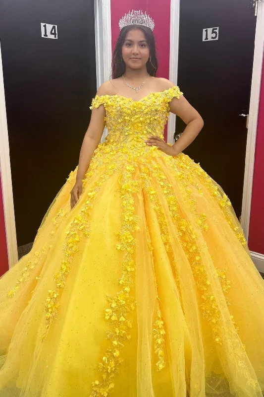 Women's Elegant Clothes Yellow Off-the-Shoulder Ball Gown with 3D Floral Lace