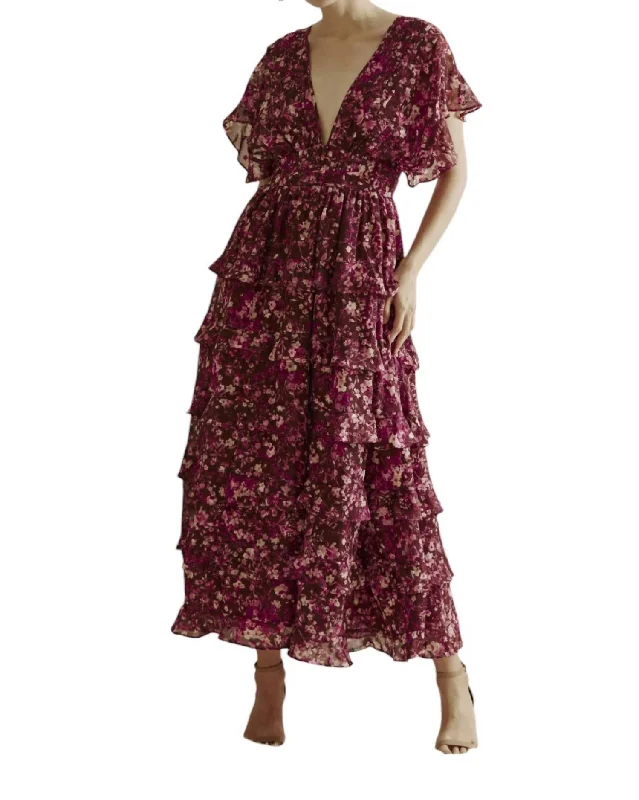 Women's Evening Wear Attire Floral Dress In Berry