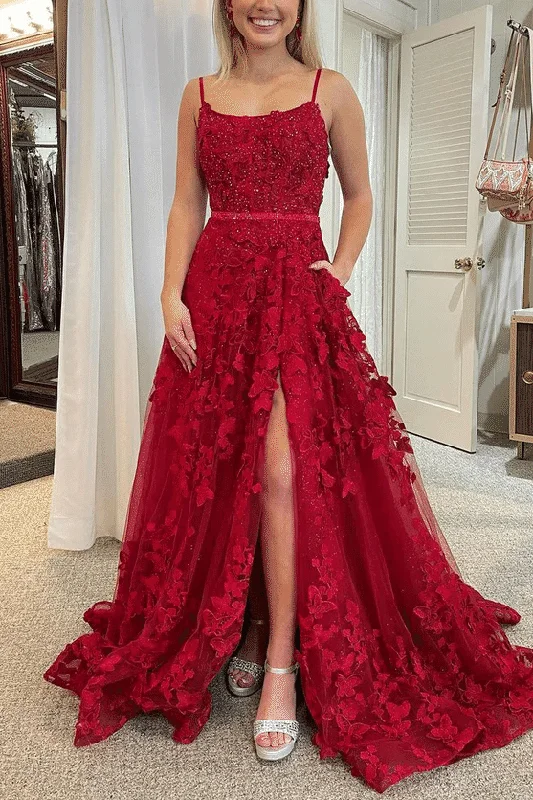 Women's Clothes For Outdoor Events Red Spaghetti Straps Appliques Floral A-Line Long Prom Dress with Slit