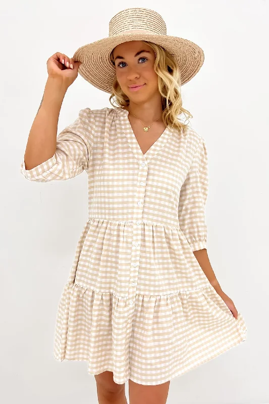 Comfortable Women's Attire Mallory Mini Dress Latte Gingham