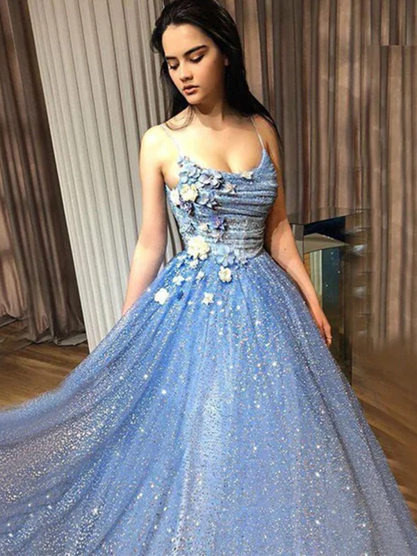 Charming Women's Outfit For Special Occasions Sparkly Blue Spaghetti Straps Floral Top A-line Long Prom Dress, PD3242