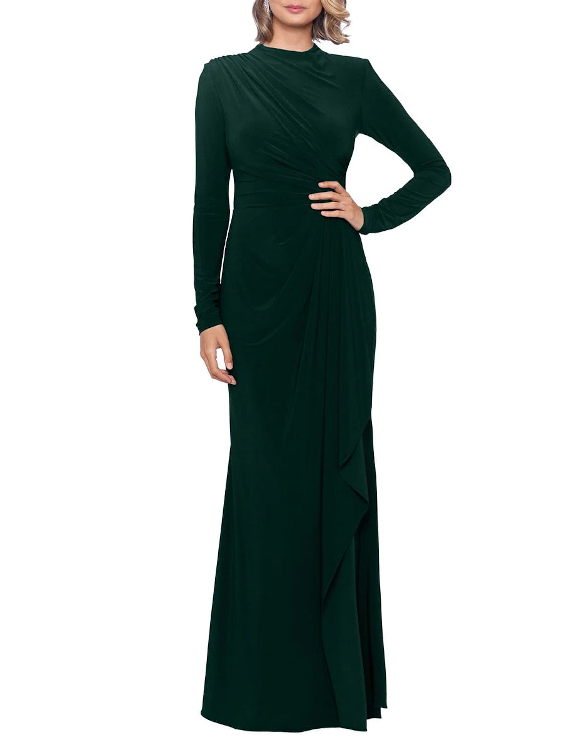 Women's Stylish Vacation Attire Sheath / Column Mother of the Bride Dress Formal Wedding Guest Party Elegant High Neck Floor Length Spandex Long Sleeve with Pleats Split Front