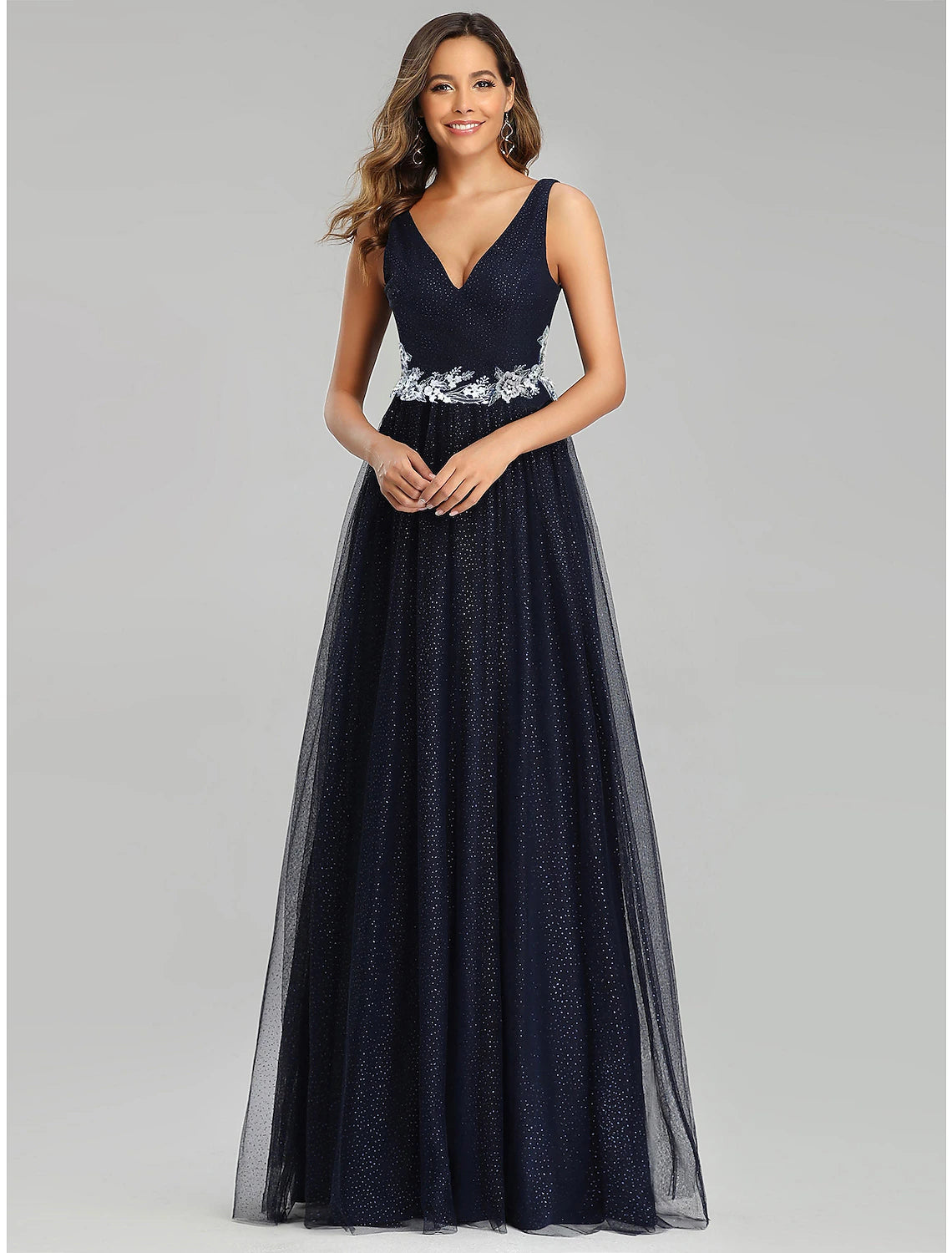 Women's Elegant Outfit A-Line Prom Dresses Empire Dress Wedding Guest Floor Length Sleeveless V Neck Tulle with Sequin Appliques