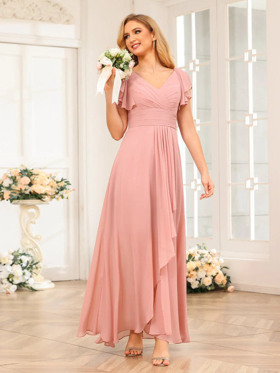 Women's Plus-Size Outfit A-Line/Princess V-Neck Long Wedding Party Dresses With Ruffles