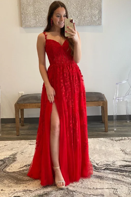 Charming Everyday Clothing For Women Red Floral Lace Applique Side Slit Long Formal Dress