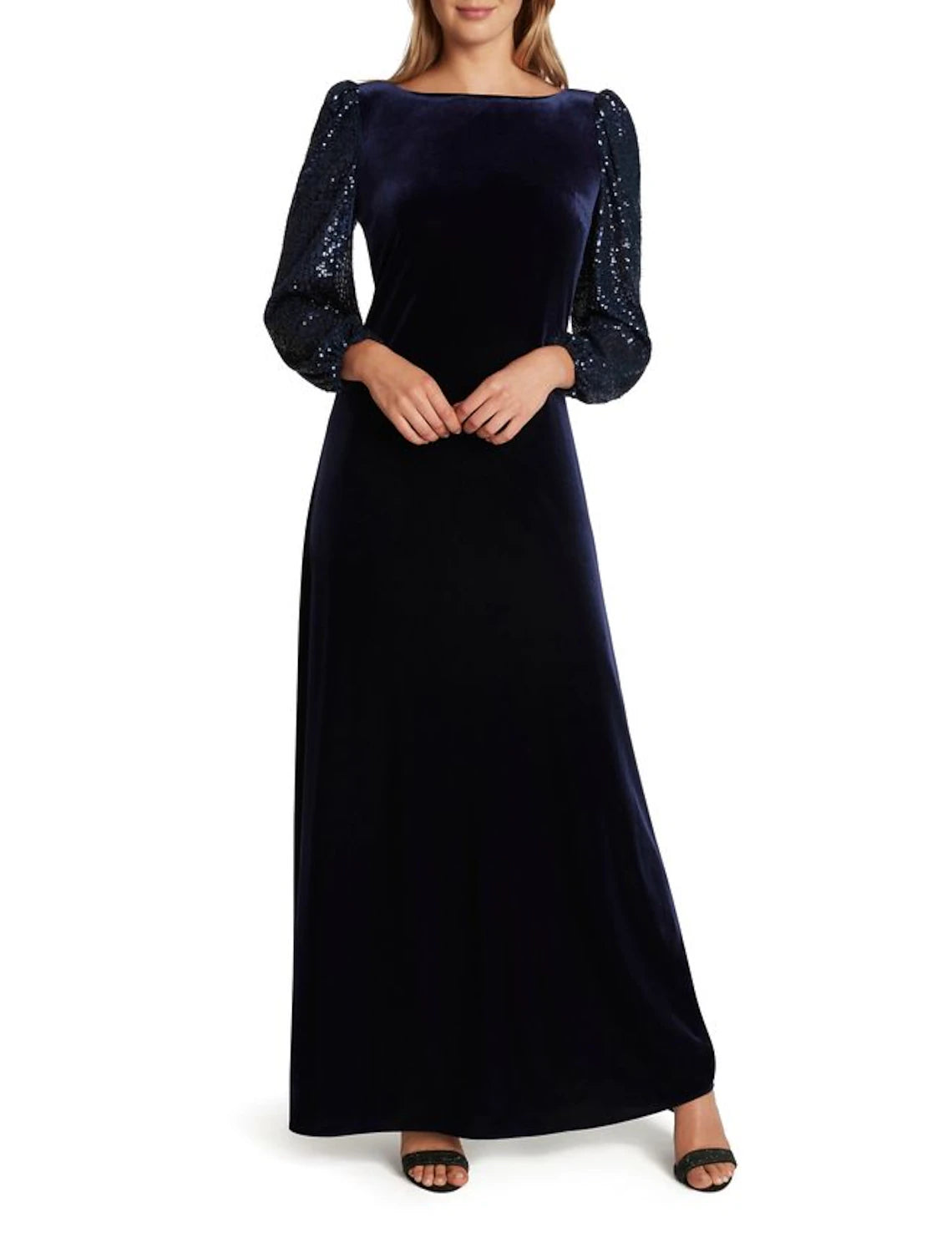 Women's Vacation Garments A-Line Mother of the Bride Dress Formal Wedding Guest Vintage Party Elegant Scoop Neck Sweep / Brush Train Floor Length Velvet Long Sleeve with Sequin