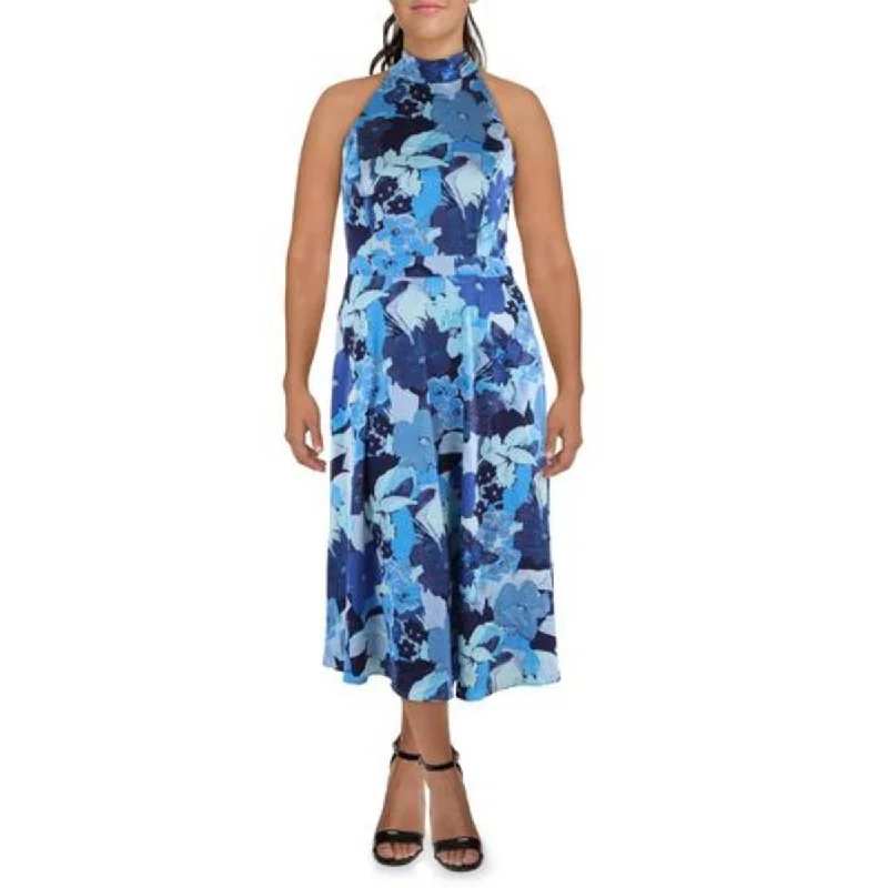 Formal Garments For Women Petites Womens Floral Print Tie-Neck Halter Dress