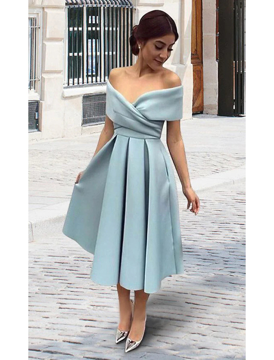 Women's Casual Wear Clothes A-Line Cocktail Dresses 1950s Dress Wedding Guest Tea Length Short Sleeve V Neck Stretch Fabric V Back with Pleats