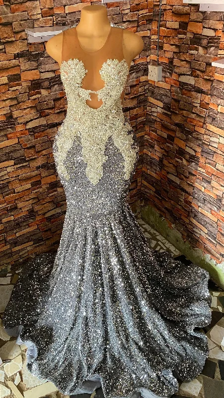 Classic Women's Apparel Gray sleeveless velvet sequins dress,prom mermaid dress,Long Reception dress,Prom dress,Wedding dress,African women dress,Crew neck dres