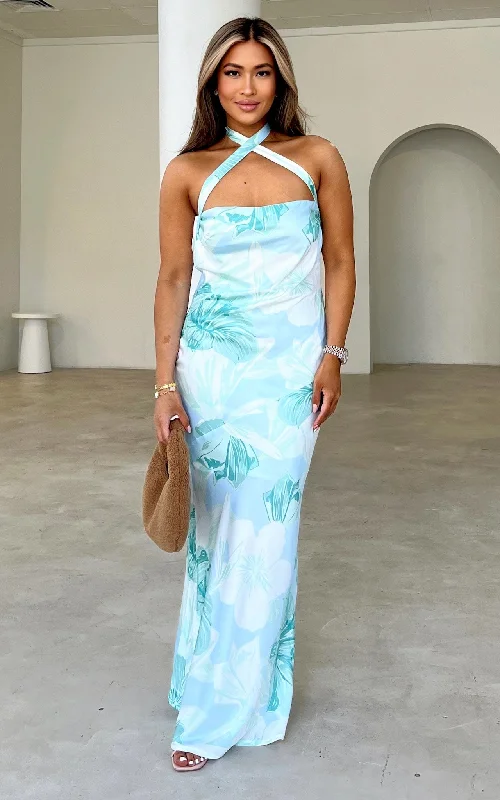 Women's Resort Attire Laguna Maxi Dress - Blue Mint Floral