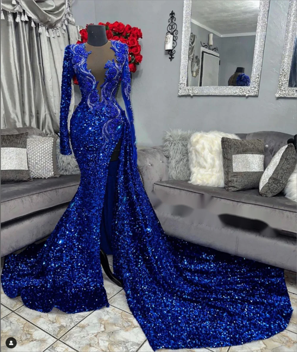 Women's Comfortable Apparel Glitter Royal Blue Mermaid Ball Gown Luxury Long Sleeve African Women Ball Gown Wedding