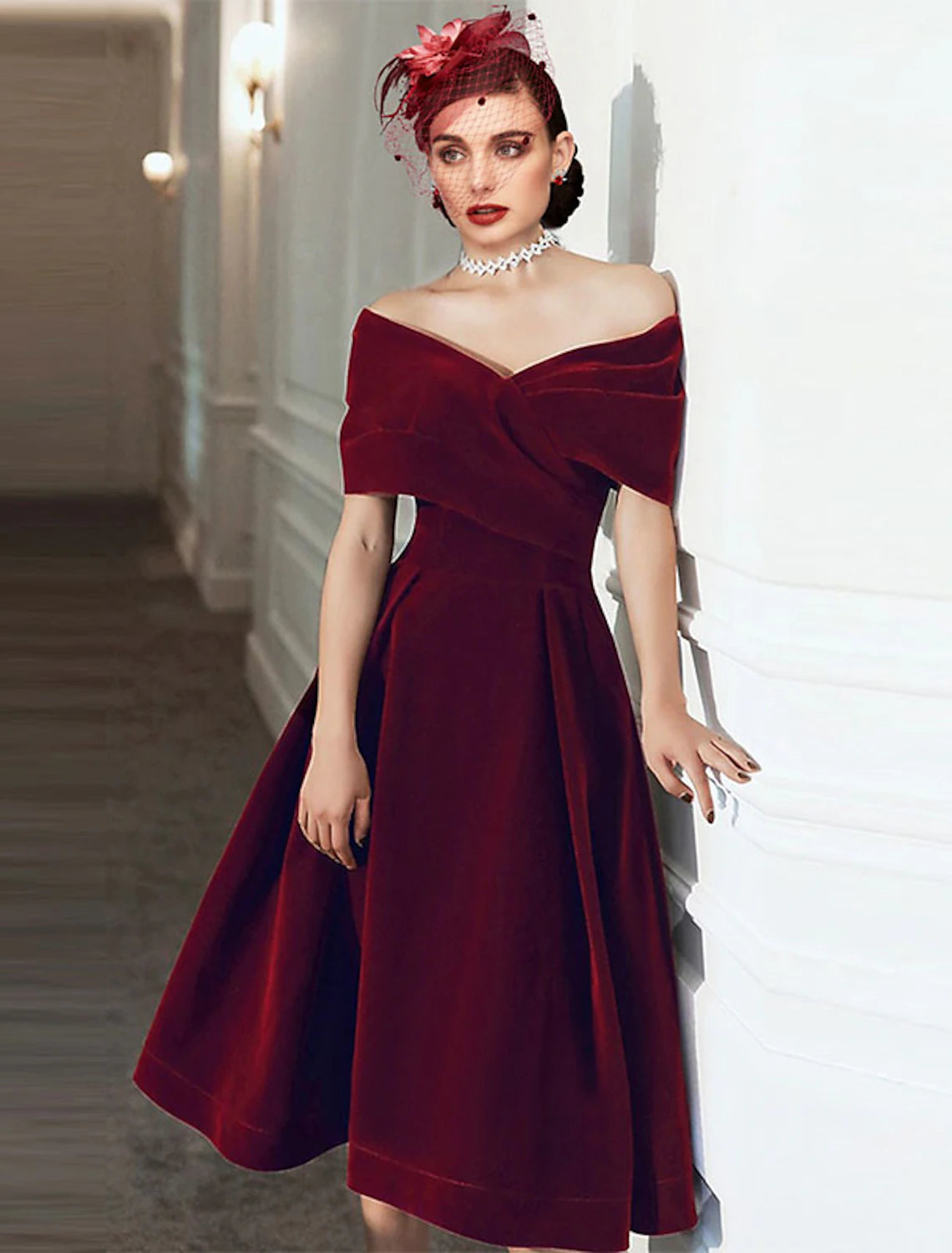 Women's Trendy Clothes A-Line Cocktail Dresses 1950s Dress Fall Wedding Guest Dress Knee Length Short Sleeve Off Shoulder Velvet with Pleats Pure Color