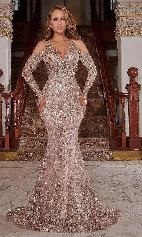 Women's Vacation Outfit Set Portia and Scarlett - Long Sleeve Beaded Prom Gown PS22909 - 1 pc Rose Gold In Size 18 Available