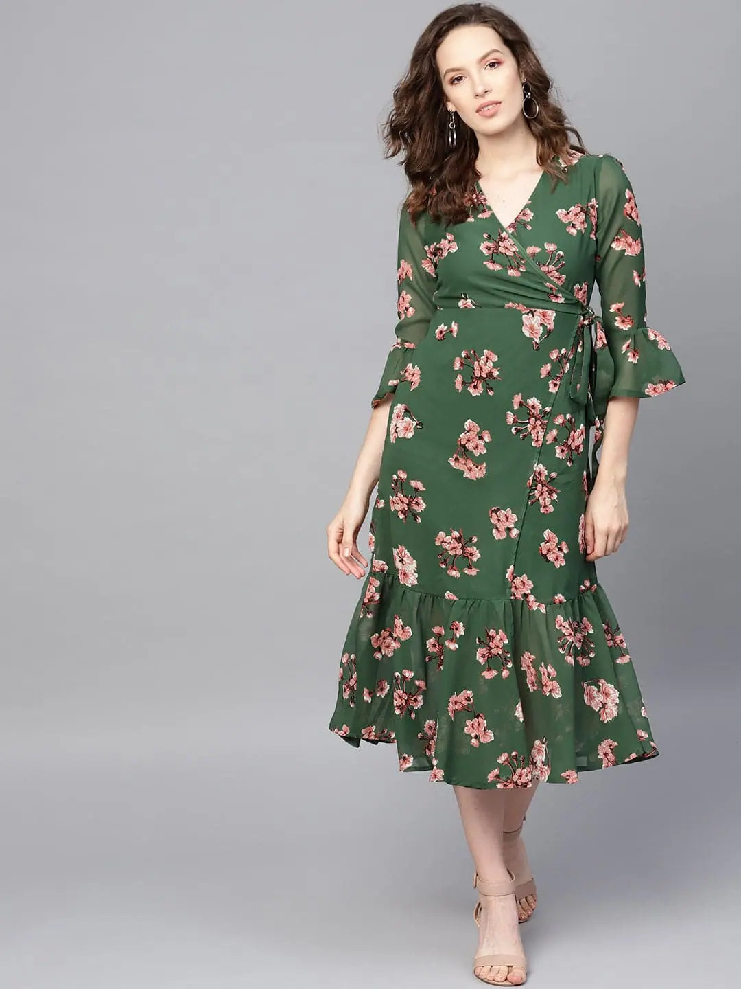 Women's Trendy Apparel Green Floral Wrap Tie Dress