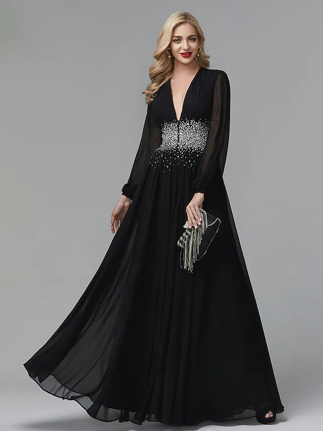 Women's Clothing Sets Evening Dress Celebrity Red Carpet Formal Gown Black Tie Wedding Guest Floor Length Long Sleeve V Neck Chiffon with Sequin