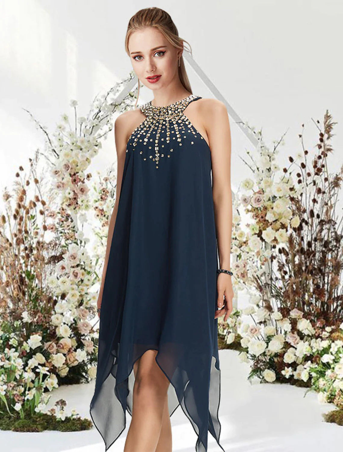 Women's Clothing For Outdoor Activities A-Line Cocktail Dresses Flirty Dress Wedding Guest Asymmetrical Sleeveless Halter Chiffon with Crystals Beading