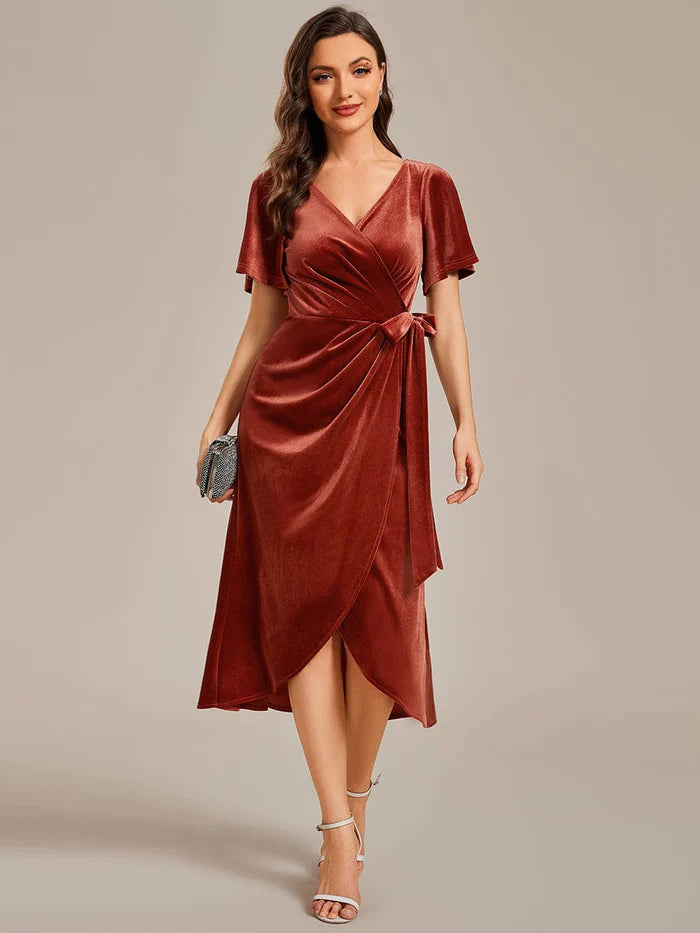 Women's Clothes For Special Occasions One-Piece Type Short Sleeves V-Neck Velvet Midi Wedding Guest Dress