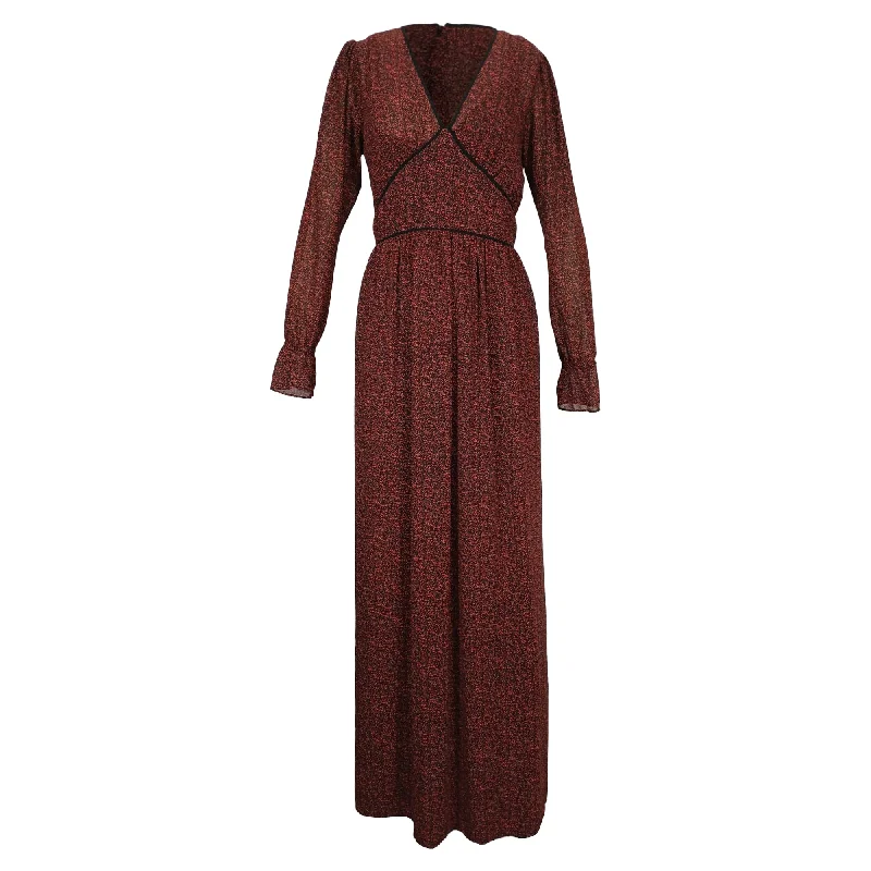 Plus-Size Women's Clothing Michael Kors Floral Print Maxi V-Neck Long Sleeve Dress in Red Polyester