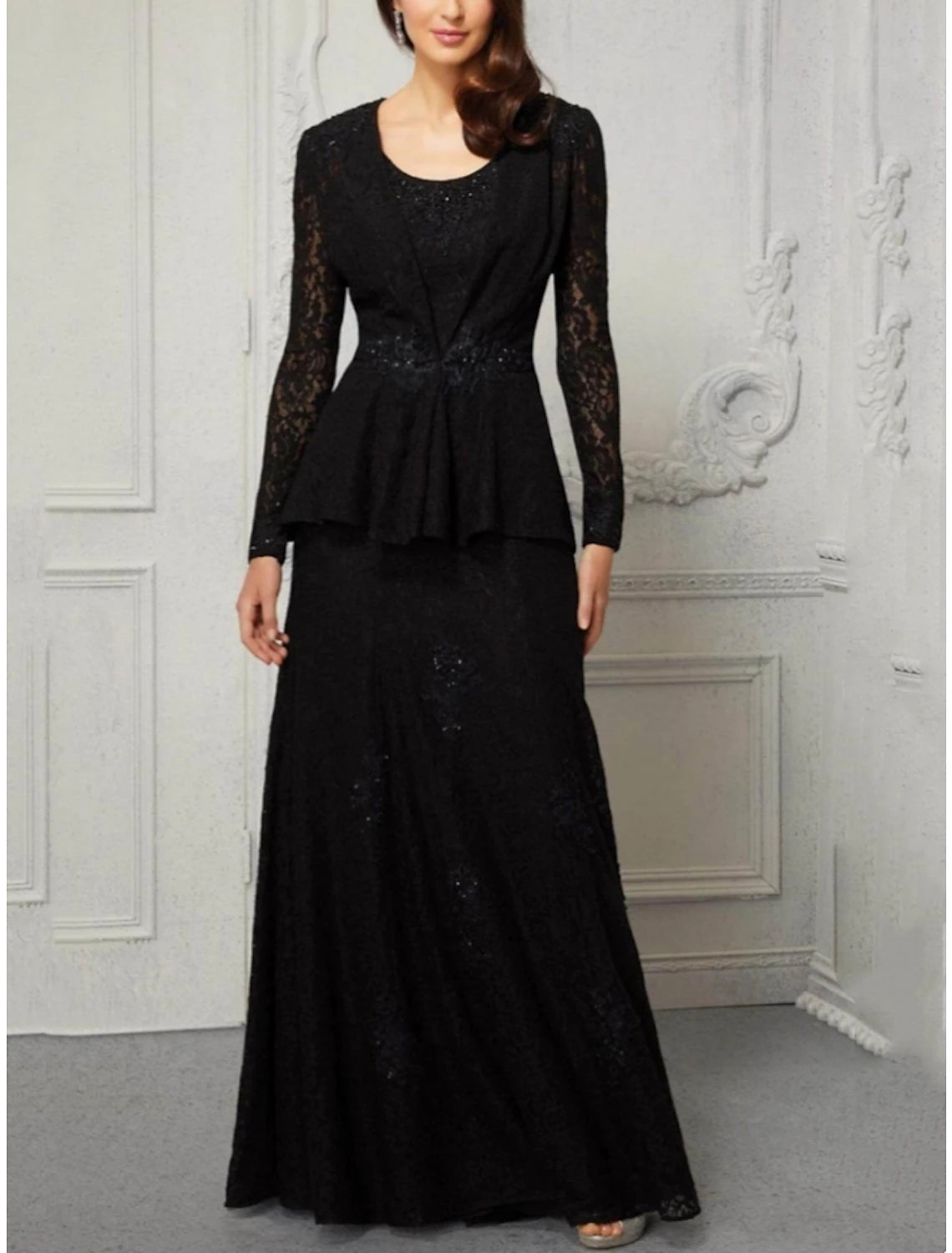 Women's Plus-Size Casual Outfit A-Line Mother of the Bride Dress Wedding Guest Elegant Scoop Neck Floor Length Lace Long Sleeve with Sequin Ruching Solid Color