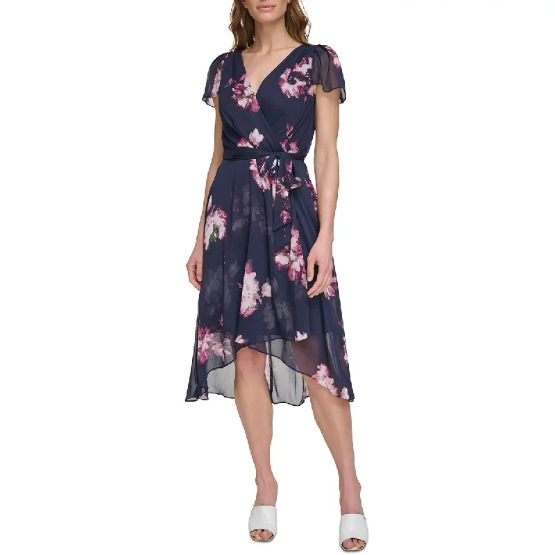 Women's Travel Attire DKNY Womens Petites Floral Print Crepe Midi Dress