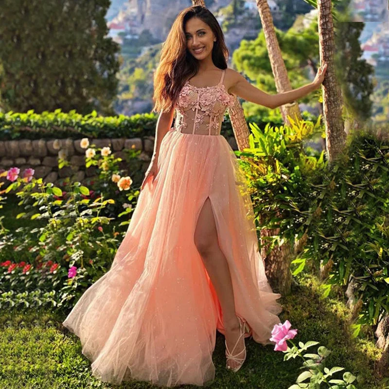 Women's Chic Outfit Pearl Pink Spaghetti Straps Floral Top Side-slit A-line Long Prom Dress, PD3377