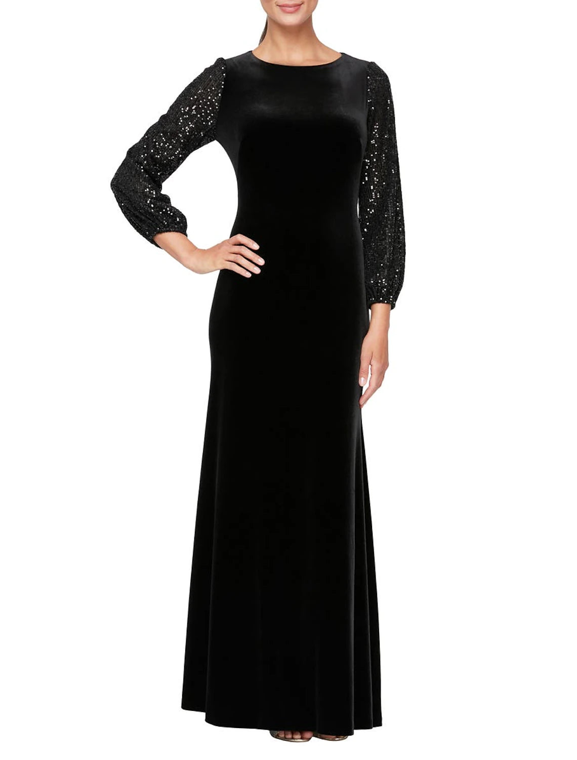 Affordable Women's Outfit A-Line Mother of the Bride Dress Formal Wedding Guest Party Elegant Scoop Neck Floor Length Velvet Long Sleeve with Sequin