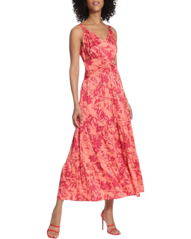 Women's Party Clothes Floral Ruched Waist Maxi Dress In Coral/hot Pink