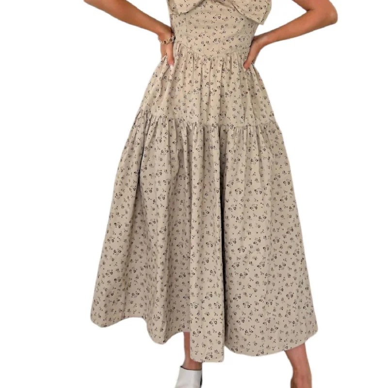 Women's Sporty Chic Clothes Better This Way Floral Bow Midi Dress In Beige