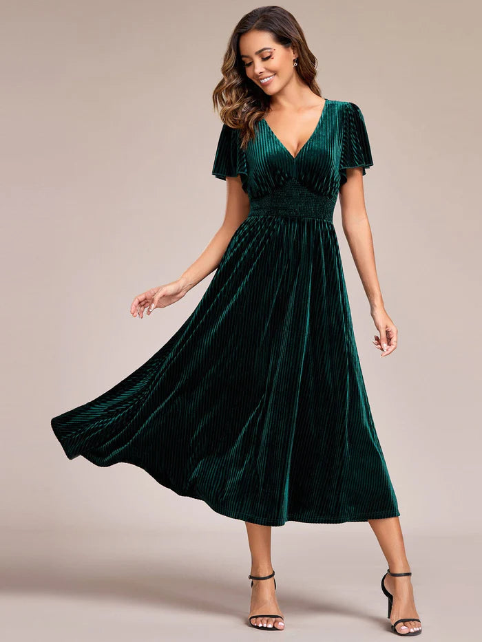 Women's Stylish Vacation Attire Striped Velvet Flutter Sleeves V-Neck Midi Wedding Guest Dress