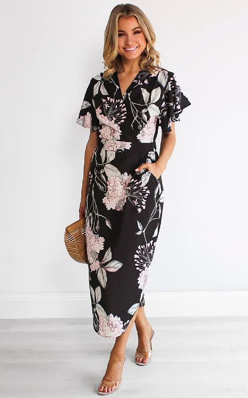 Women's Party Clothes Brandy Midi Dress - Black Floral