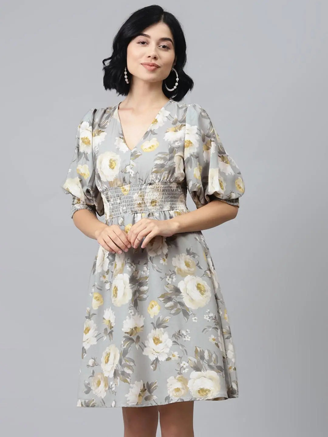 Casual Garments For Women Grey Floral Puff Sleeve Smocked Dress