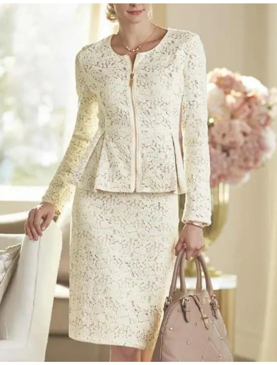 Women's Clothing Apparel Sets Two Piece Sheath / Column Mother of the Bride Dress Wedding Guest Party Elegant Winter With Jacket Long Sleeve Scoop Neck Knee Length Lace Solid Color