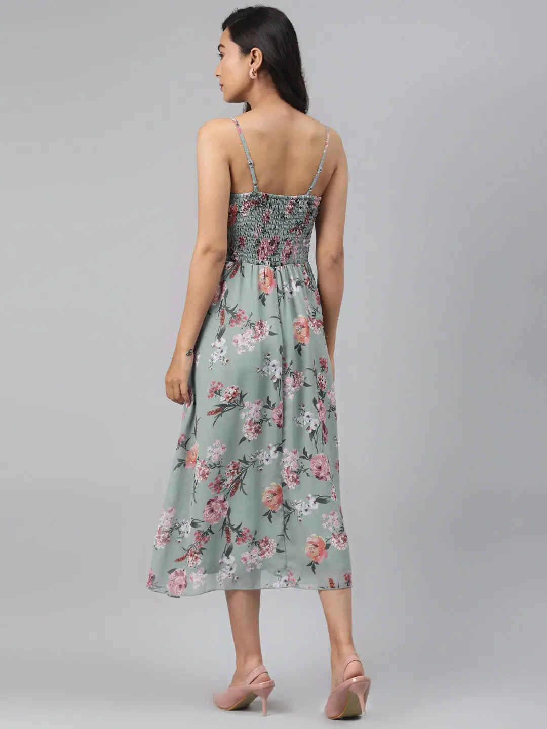 Women's Holiday Attire Olive Floral Strappy Midi Dress