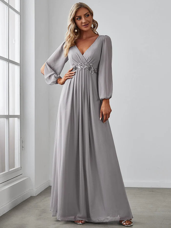 Women's Evening Wear Attire Deep V Neck Long Wedding Guest Dress with Long Sleeves