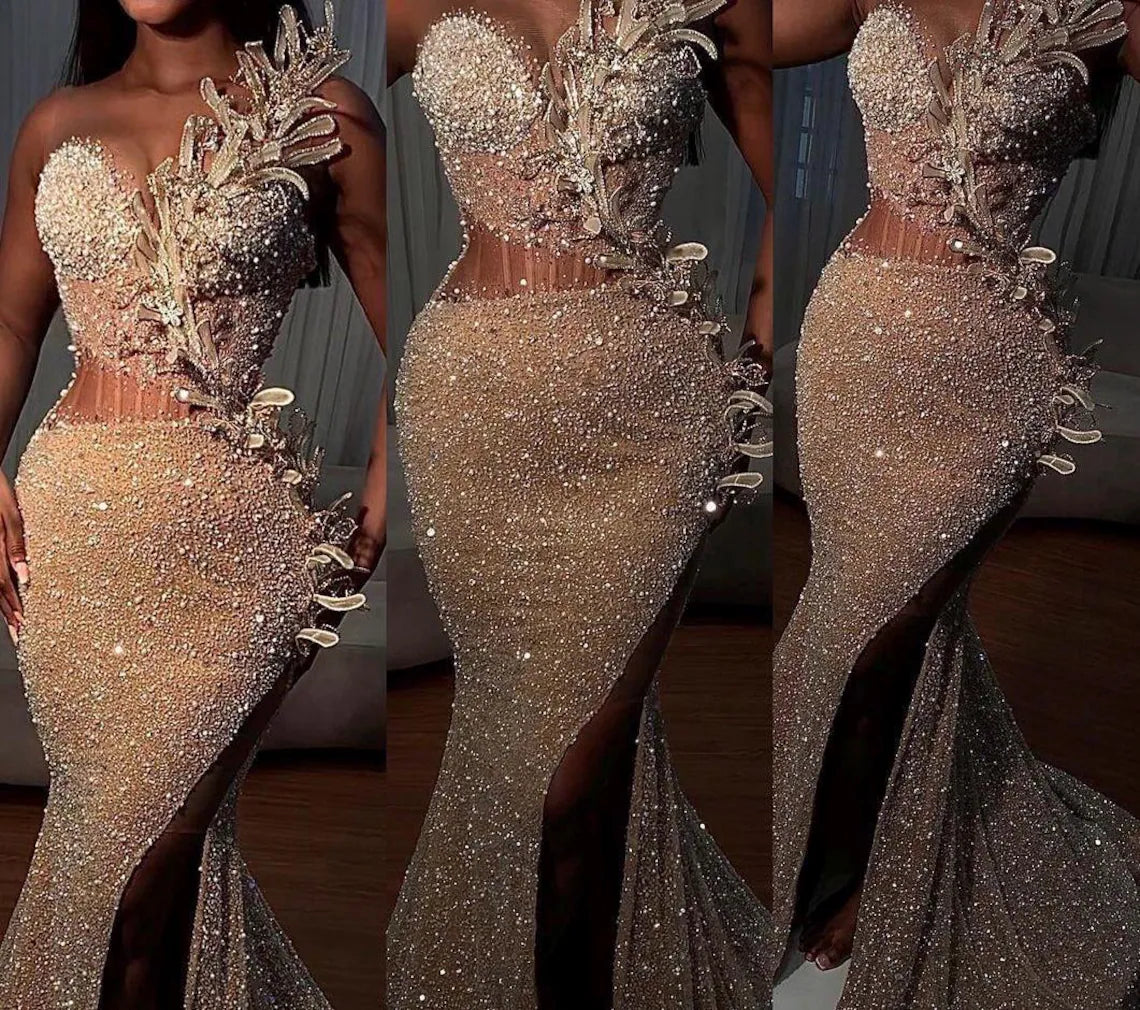 Modern Women's Apparel Gold lace dress, Corset dress, Prom dress, Pageant dress Homecoming dress, Wedding reception gown, Birthday gown, Party Aline gown with slit