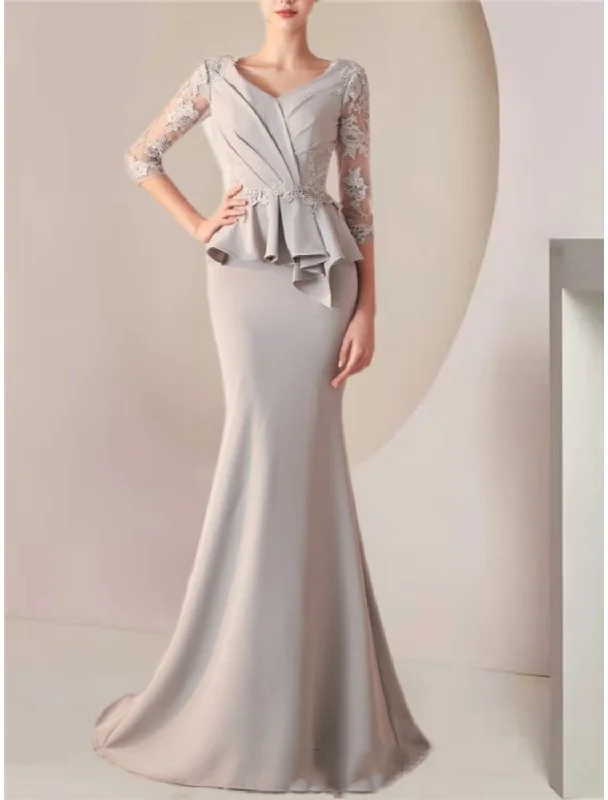 Stylish Women's Attire Mermaid / Trumpet Mother of the Bride Dress Wedding Guest Elegant V Neck Sweep / Brush Train Stretch Fabric Half Sleeve with Lace Ruching