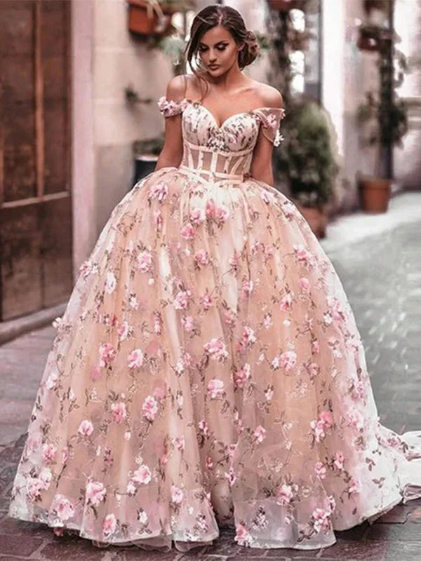 Women's Evening Wear Outfit Elegant Floral Blush Pink Off-shoulder Sweetheart A-line Long Prom Dress, Ball Gown, PD3186