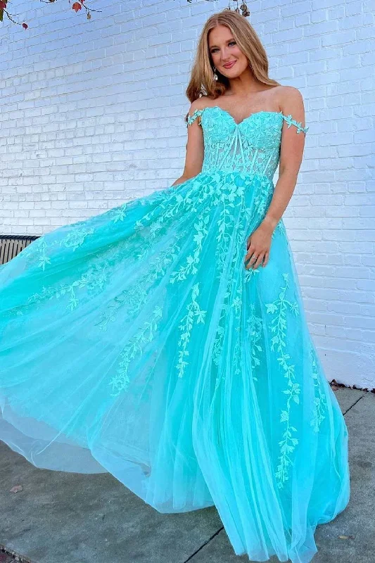 Women's Clothing For Holiday Travel Aqua Floral Lace Sweetheart A-Line Prom Dress