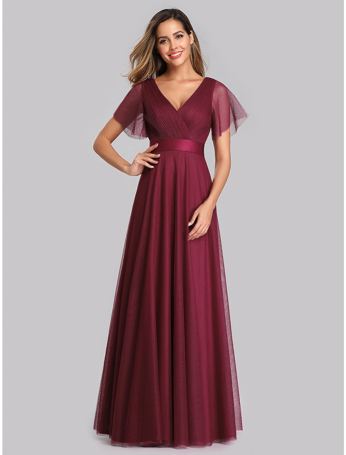 High-Fashion Women's Clothing A-Line Empire Wedding Guest Prom Dress V Neck V Back Short Sleeve Floor Length Chiffon with Pleats Ruched