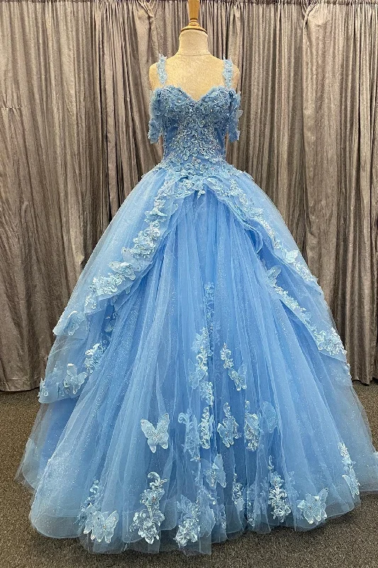 Women's Comfortable Clothes For Weekends Blue Tulle Sweetheart Multi-Layer Ball Gown with 3D Floral Lace