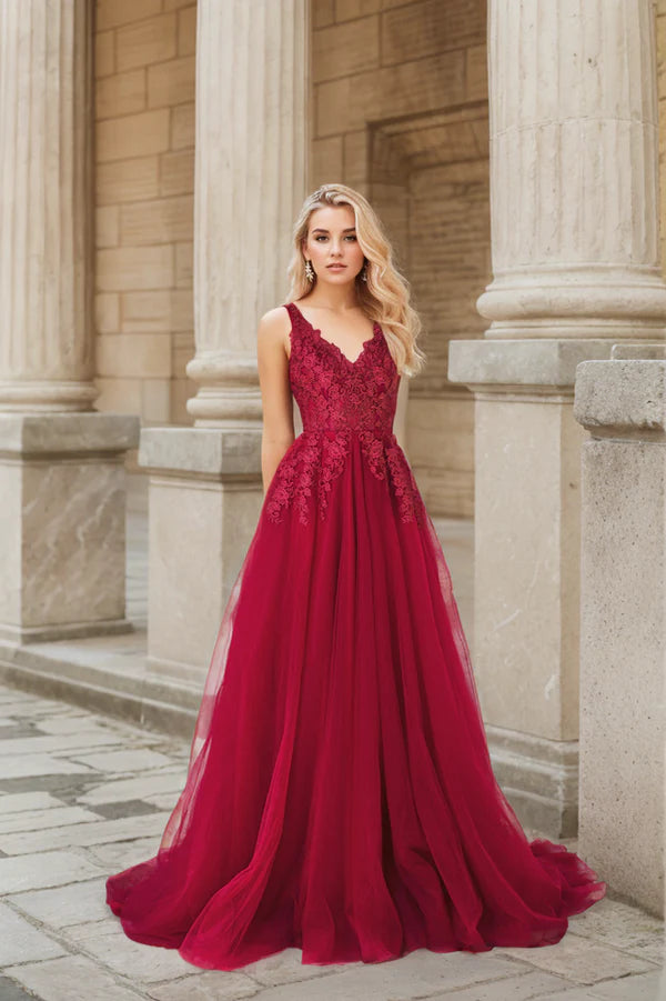 Women's Athletic Outfit Mysteria - Ruby red deep V-neck lace soft tulle prom dress colored wedding dress