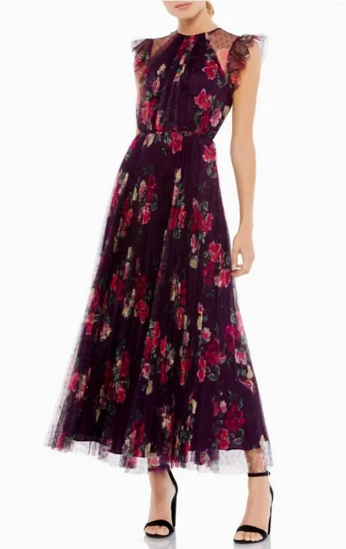 Women's Trendy Apparel Floral Ruffle Fit And Flare Tulle Dress In Plum Multi