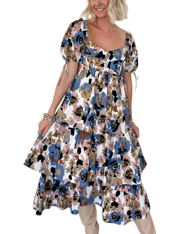 Women's Evening Clothing Someplace Somewhere Floral Ruffle Midi Dress In Brown And Blue